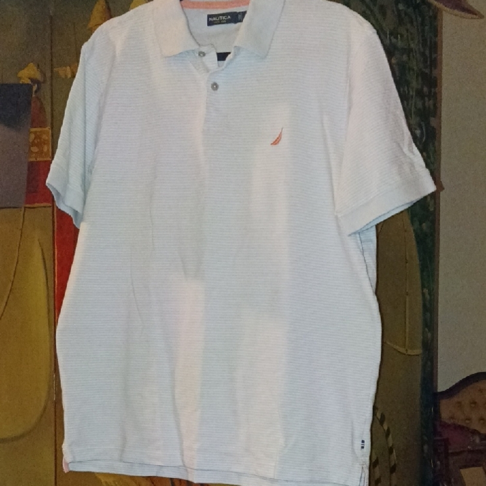 Last Chance Vintage Nautica Men's White Polo Shirt with Subtle Stripes M-L